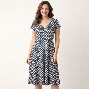 Chaps Navy Blue White Polka Dot Cotton V Neck Midi Dress Size XL